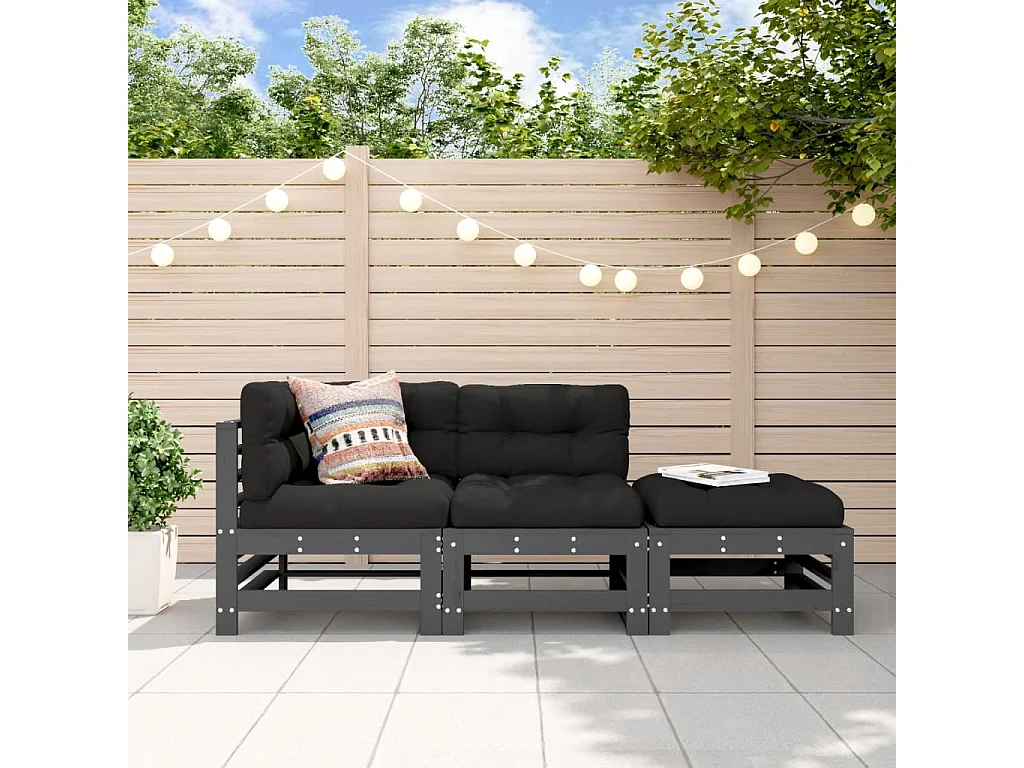 Salon de jardin 3 pcs avec coussins gris bois massif BE89560