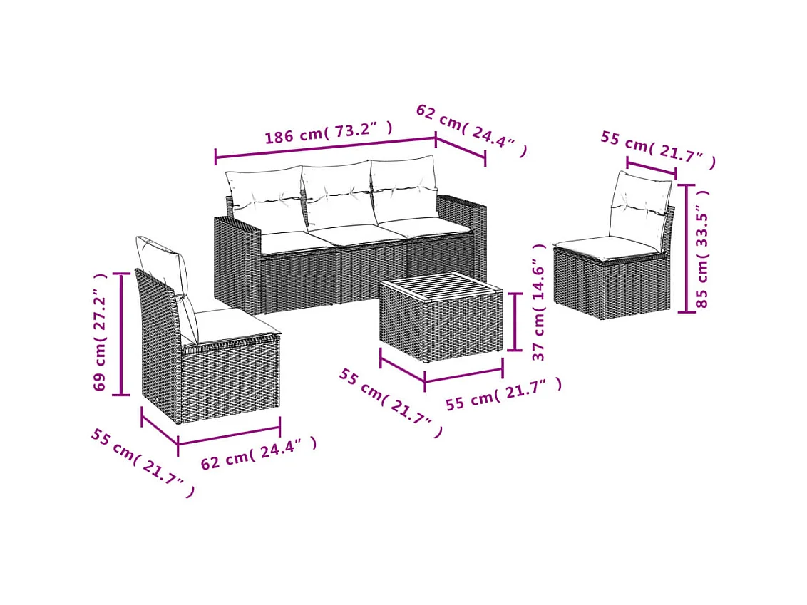 6-delige Loungeset met kussens poly rattan zwart NL59821