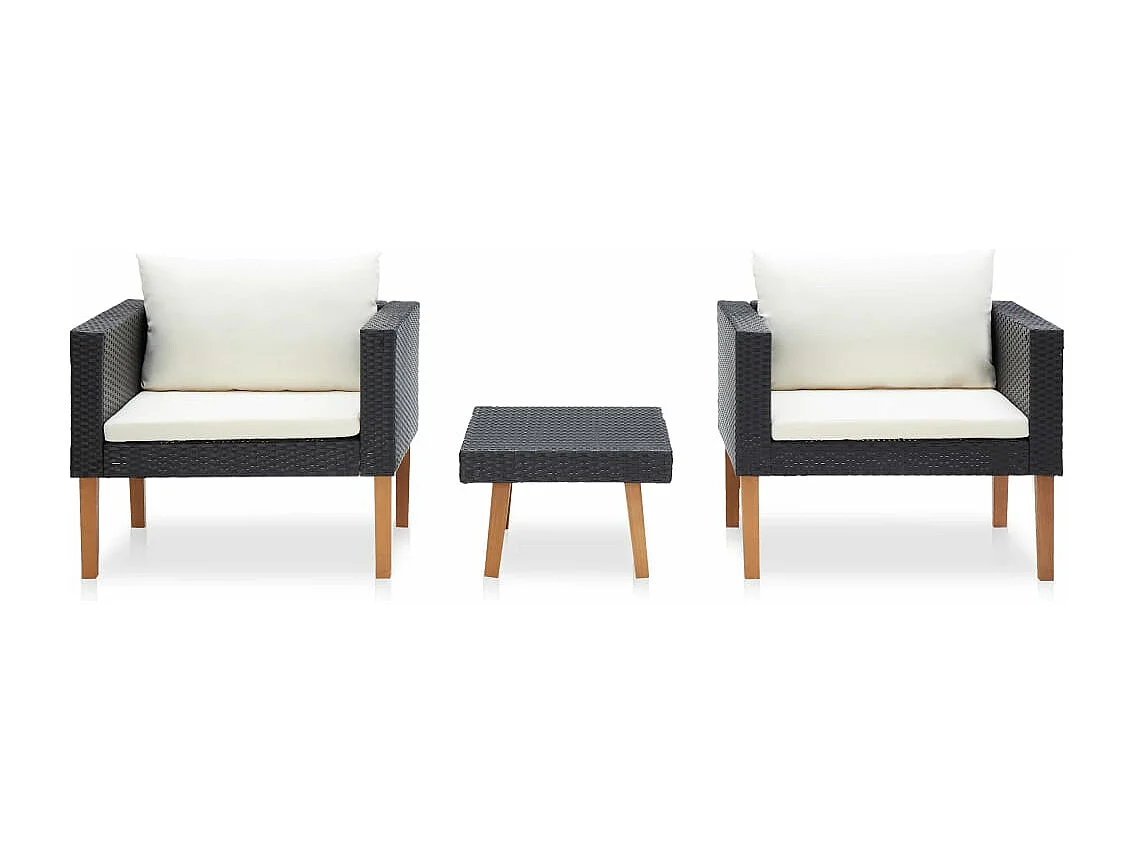 3 pcs conjunto lounge para jardim c/ almofadões vime PE preto PT15415