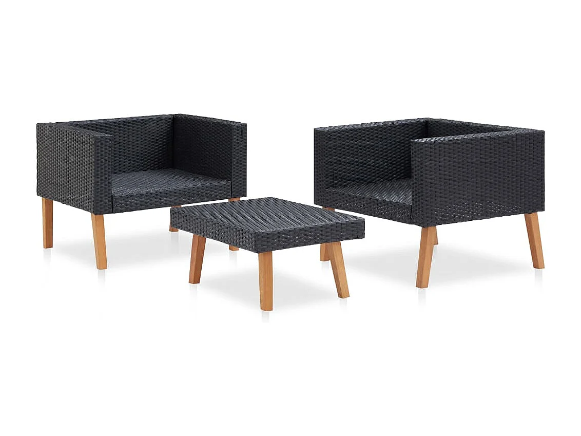 3 pcs conjunto lounge para jardim c/ almofadões vime PE preto PT15415