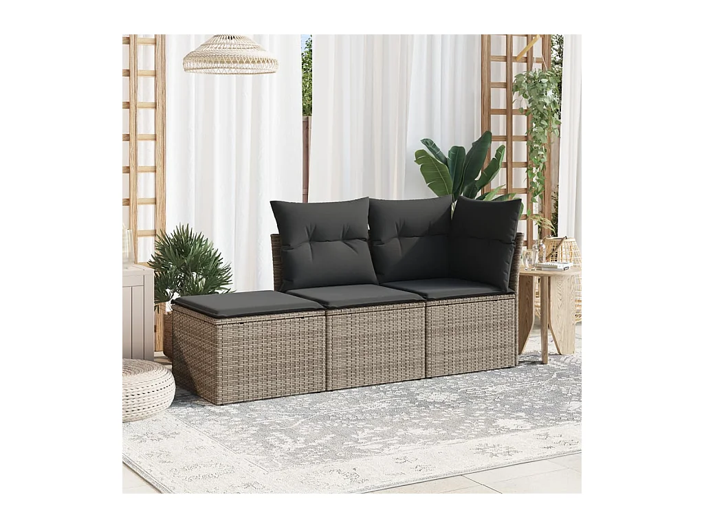 3-tlg. Garten-Sofagarnitur,Gartenmöbel-Set mit Kissen Grau Poly Rattan -gkd491122