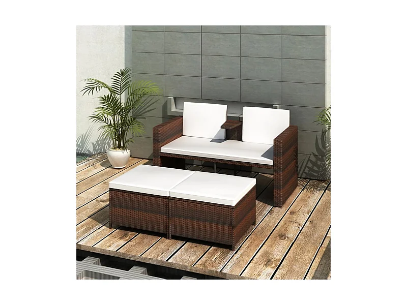 4-tlg. Garten-Sitzgruppe: Sofa + Tisch | Garten-Lounge-Set mit Kissen Poly Rattan Braun -GKD318431