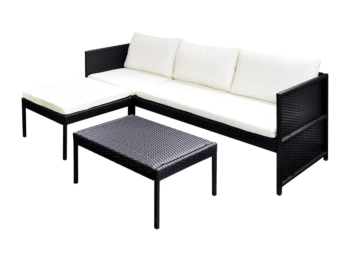 3-tlg. Garten-Sitzgruppe: Sofa + Tisch | Garten-Lounge-Set mit Auflagen Poly Rattan Schwarz -GKD530713