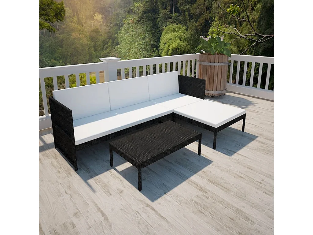 3 pcs conjunto lounge para jardim c/ almofadões vime PE preto PT28790