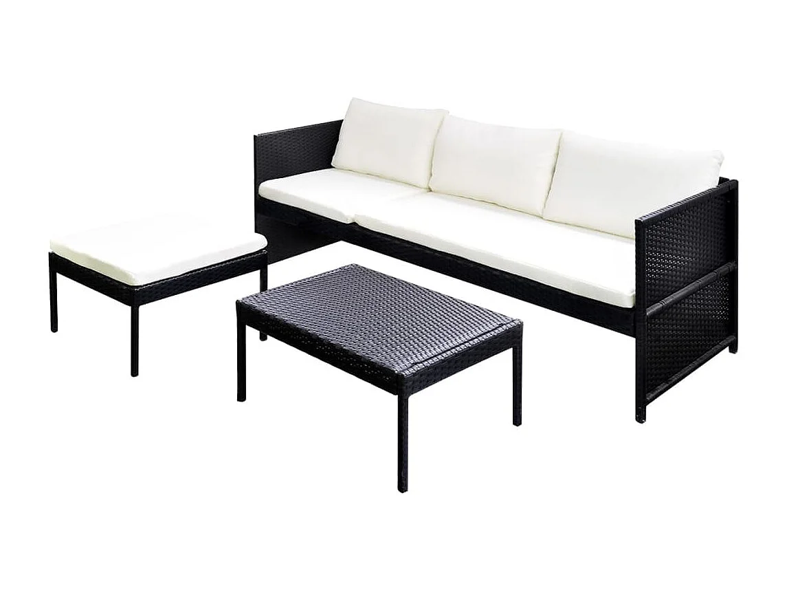3 pcs conjunto lounge para jardim c/ almofadões vime PE preto PT28790