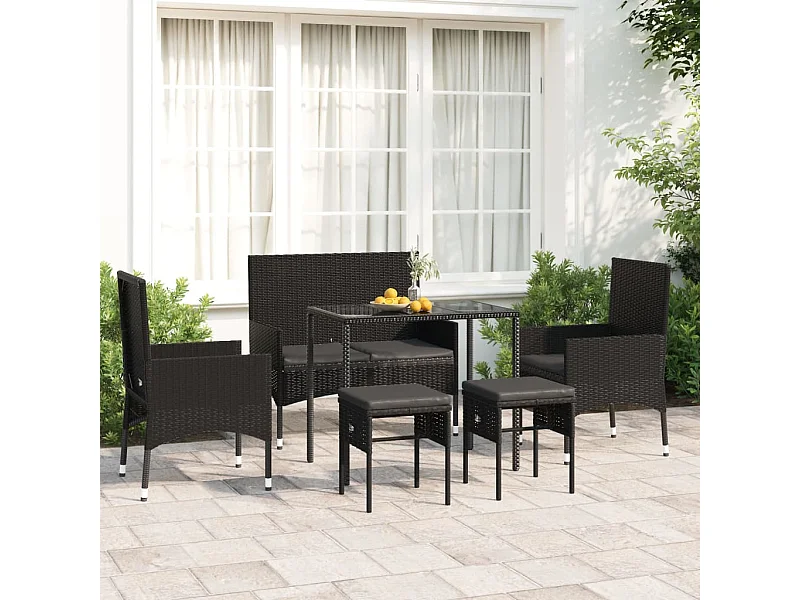 6-tlg. Garten-Sitzgruppe: Sofa + Tisch | Garten-Lounge-Set mit Kissen Schwarz Poly Rattan -GKD816332