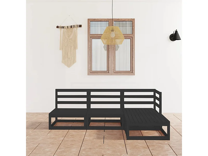 4-tlg. Garten-Sitzgruppe | Garten-Lounge-Set Schwarz Massivholz Kiefer -GKD211101