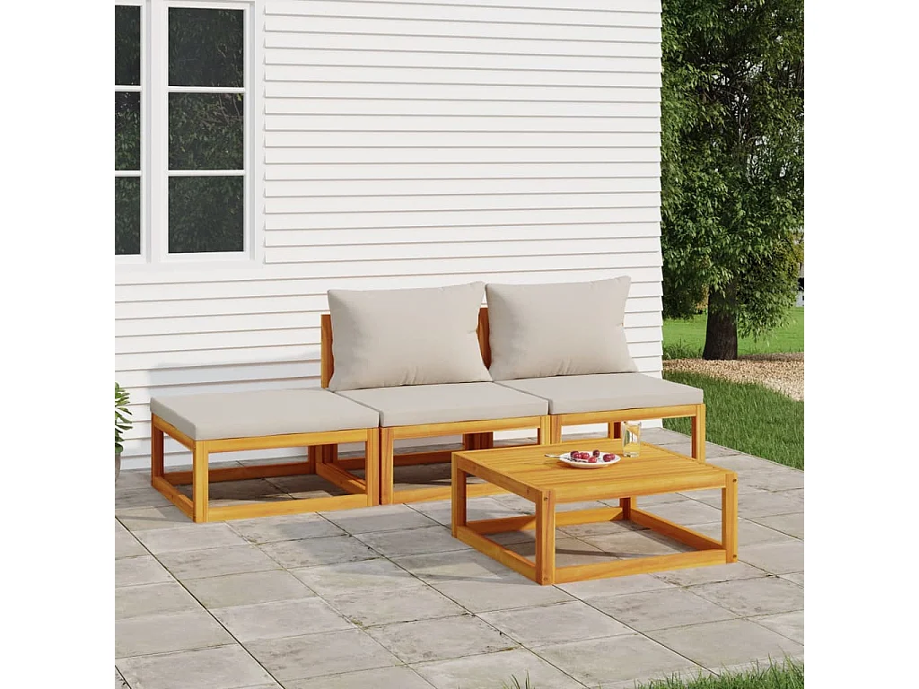 4-tlg. Garten-Sitzgruppe: Sofa + Tisch | Garten-Lounge-Set mit Hellgrauen Kissen Massivholz -GKD928537