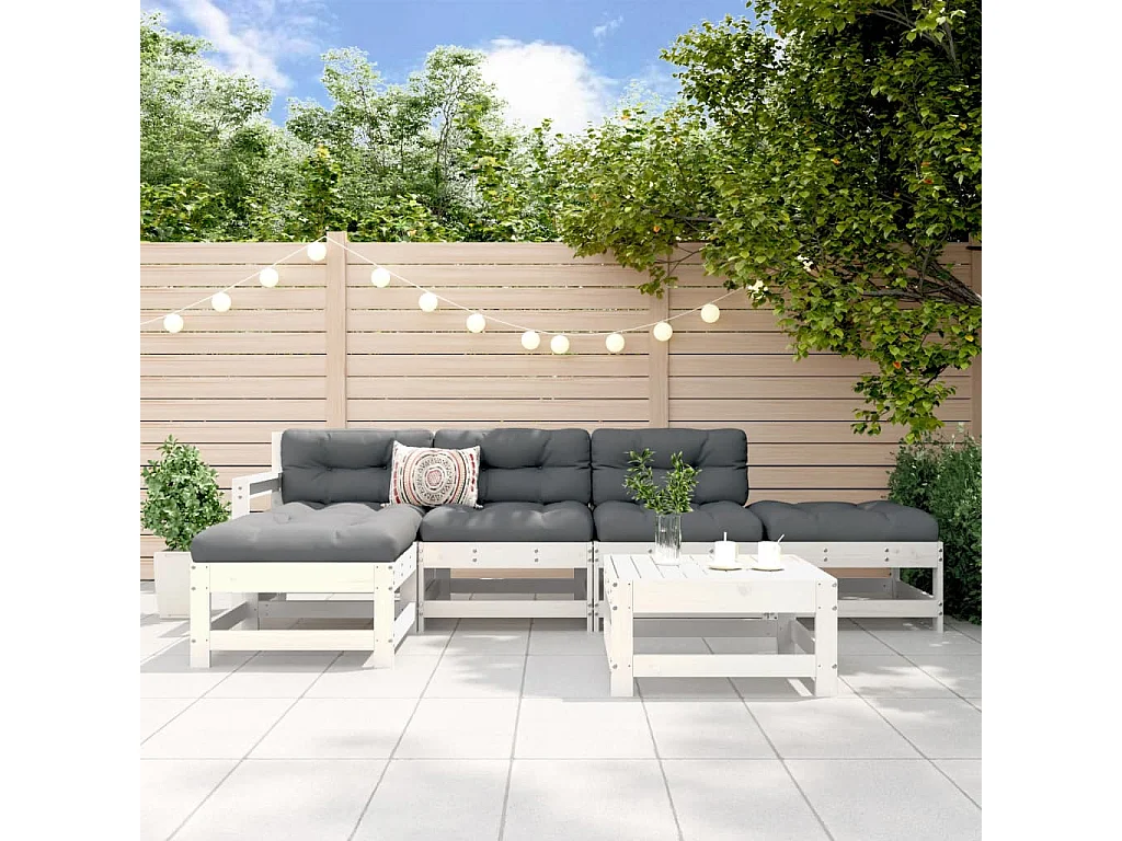 6-tlg. Garten-Sitzgruppe: Sofa + Tisch | Garten-Lounge-Set Weiß Massivholz Kiefer -GKD139508
