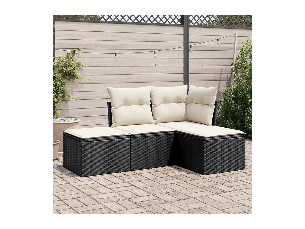 Salon de jardin 4 pcs avec coussins noir résine tressée BE80305