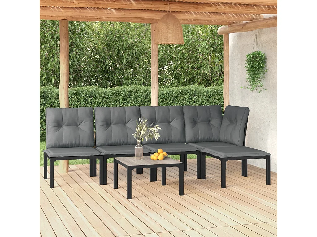 6-tlg. Garten-Sitzgruppe: Sofa + Tisch | Garten-Lounge-Set Schwarz und Grau Poly Rattan -GKD918287