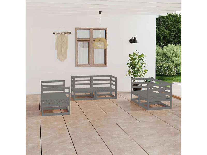 6 pcs conjunto lounge de jardim pinho maciço cinzento PT98170