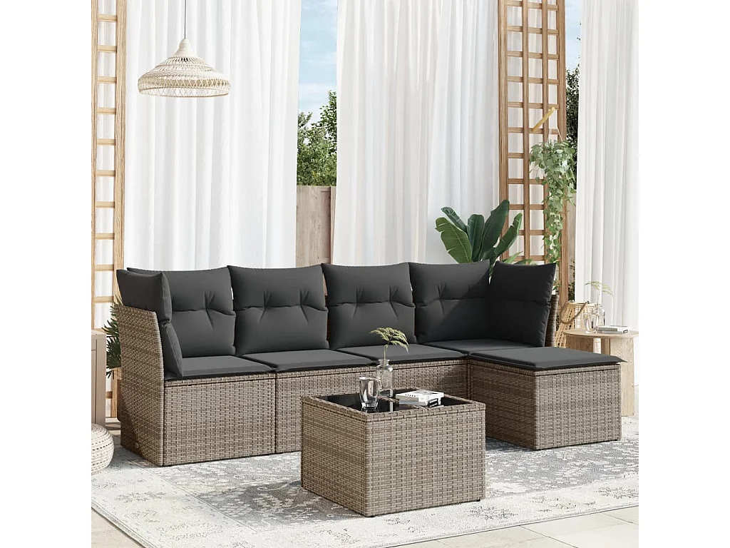 6-tlg. Garten-Sofagarnitur,Gartenmöbel-Set mit Kissen Grau Poly Rattan -gkd809074