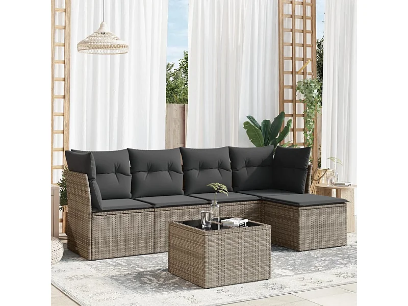 6-tlg. Garten-Sofagarnitur,Gartenmöbel-Set mit Kissen Grau Poly Rattan -gkd809074