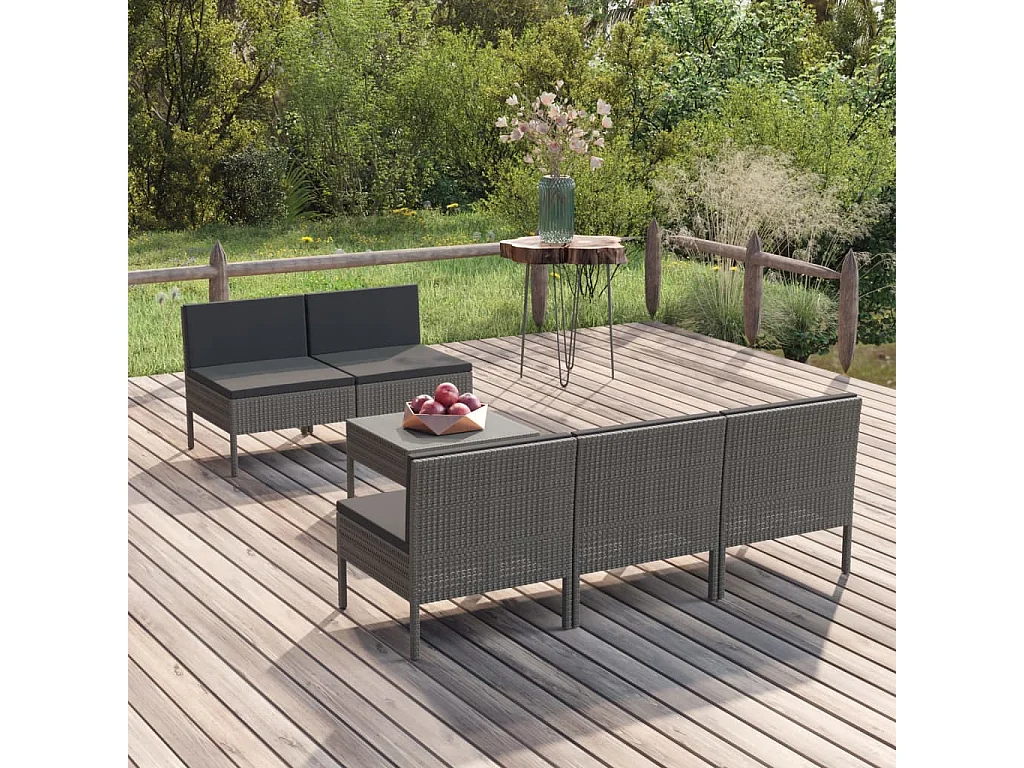 Salon de jardin 6 pcs avec coussins Résine tressée Gris BE57276