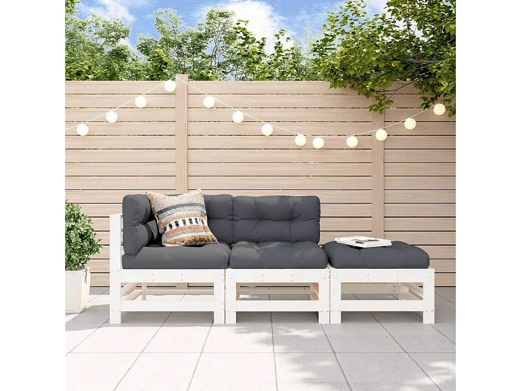 Salon de jardin 3 pcs avec coussins blanc bois massif BE77988