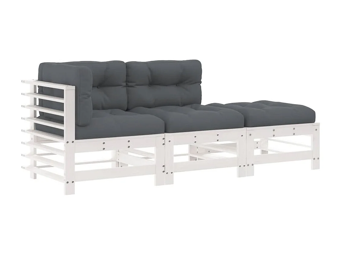 Salon de jardin 3 pcs avec coussins blanc bois massif BE77988