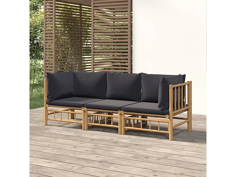 Salon de jardin 3 pcs avec coussins gris foncé bambou BE61417