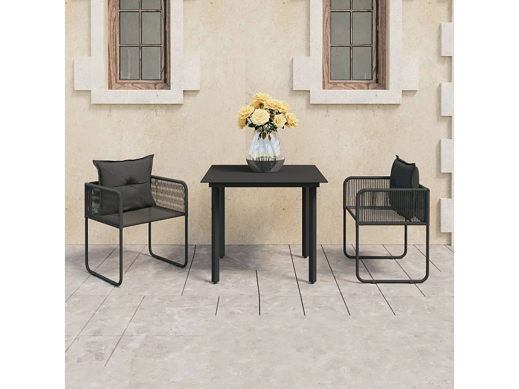 3 pcs conjunto de jantar para jardim vime de PVC preto PT781571