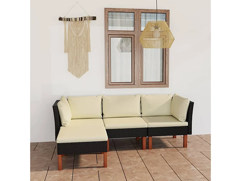 Salon de jardin 4 pcs avec coussins Résine tressée Noir BE93036