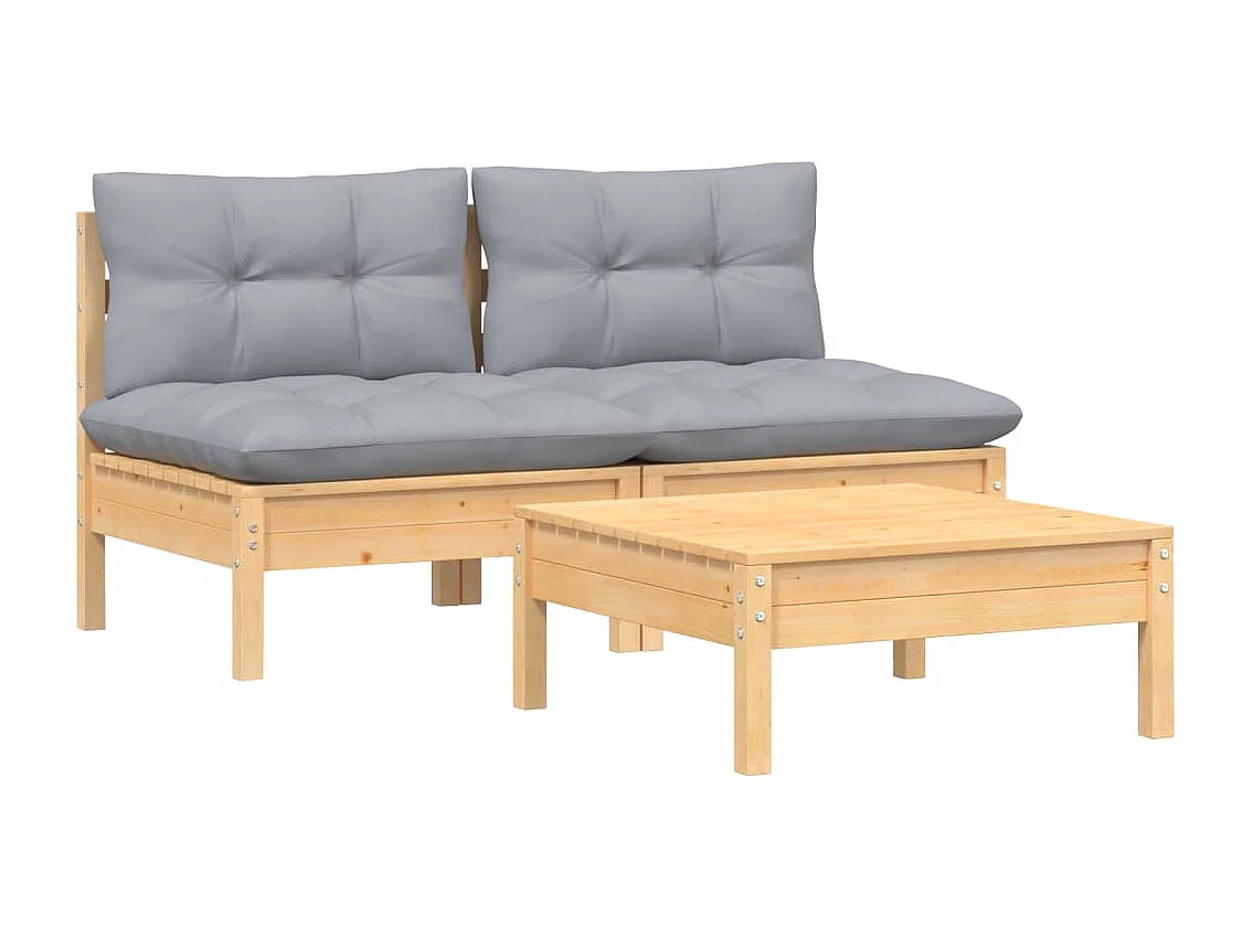 Salon de jardin 3 pcs avec coussins gris bois de pin BE82960