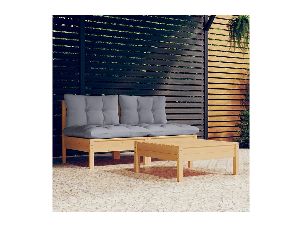 Salon de jardin 3 pcs avec coussins gris bois de pin BE82960