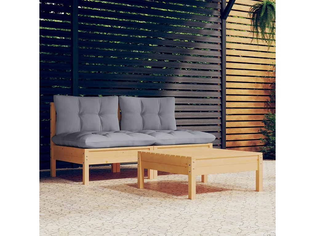 3-tlg. Garten-Sitzgruppe: Sofa + Tisch | Garten-Lounge-Set mit Grauen Kissen Kiefernholz -GKD973400