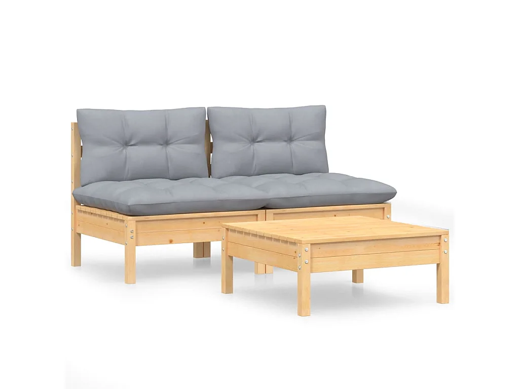 3-tlg. Garten-Sitzgruppe: Sofa + Tisch | Garten-Lounge-Set mit Grauen Kissen Kiefernholz -GKD973400