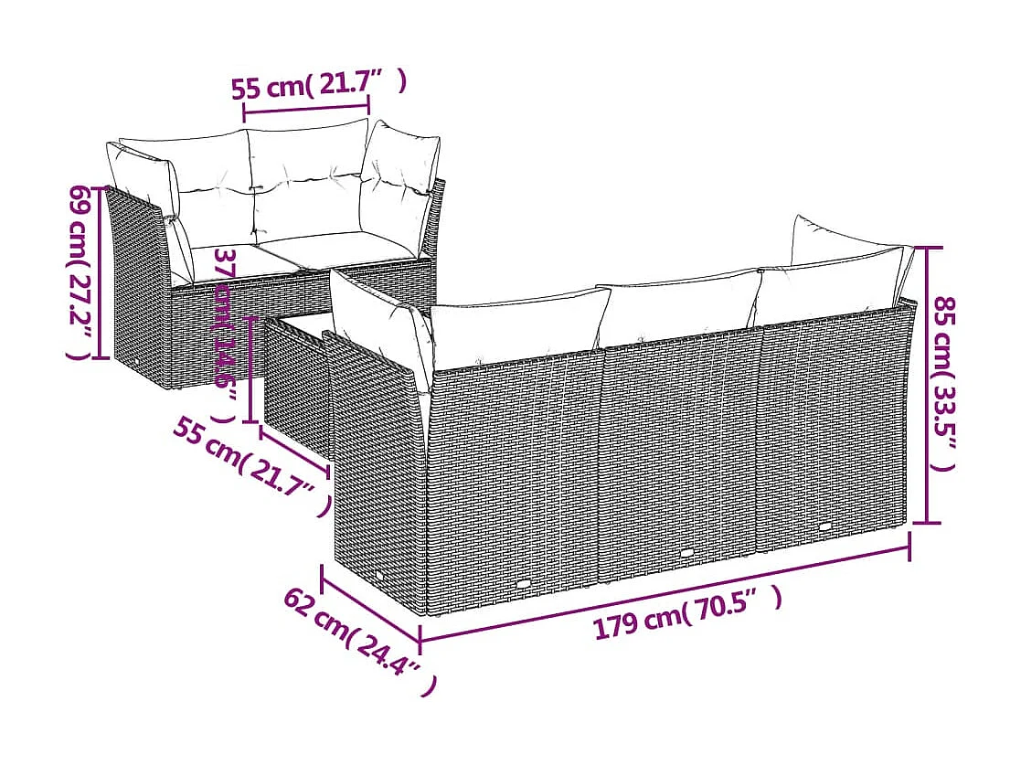 6 pcs conjunto sofás de jardim com almofadões vime cinzento PT189172