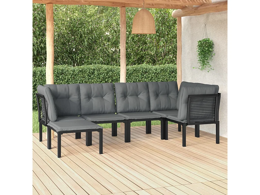 6-tlg. Garten-Sitzgruppe: Sofa + Tisch | Garten-Lounge-Set Schwarz und Grau Poly Rattan -GKD822437