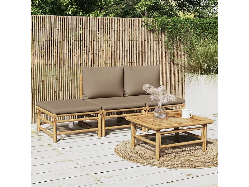4-tlg. Garten-Sitzgruppe: Sofa + Tisch | Garten-Lounge-Set mit Taupe Kissen Bambus -GKD356417