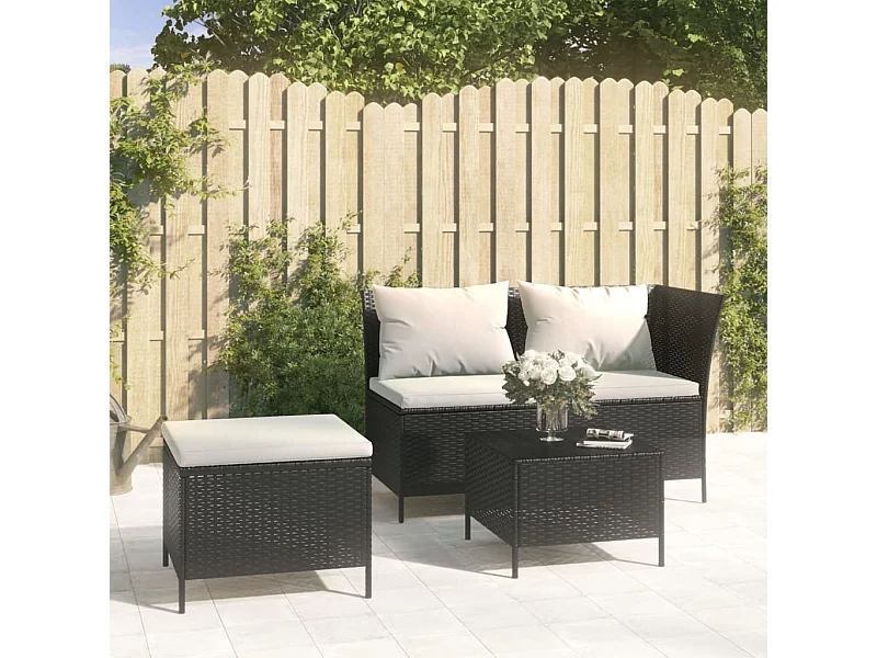 Salon de jardin 3 pcs avec coussins Noir Résine tressée BE37086