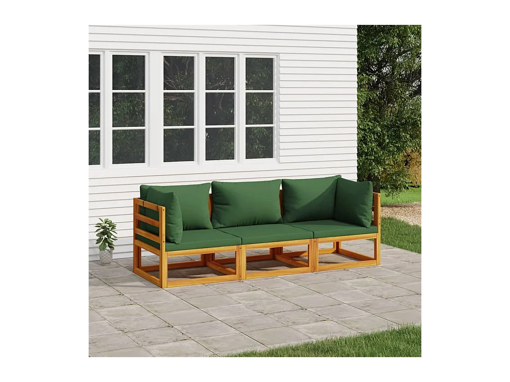 Salon de jardin 3 pcs avec coussins vert bois massif BE46624