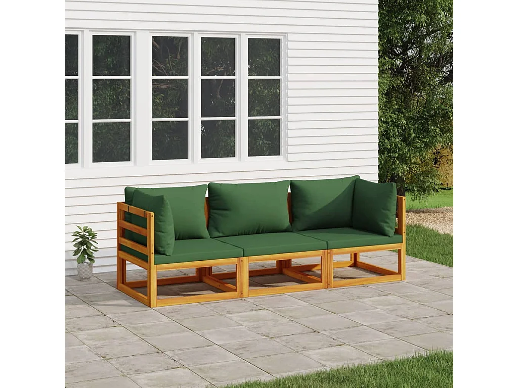 3-tlg. Garten-Sitzgruppe | Garten-Lounge-Set mit Grünen Kissen Massivholz -GKD778363