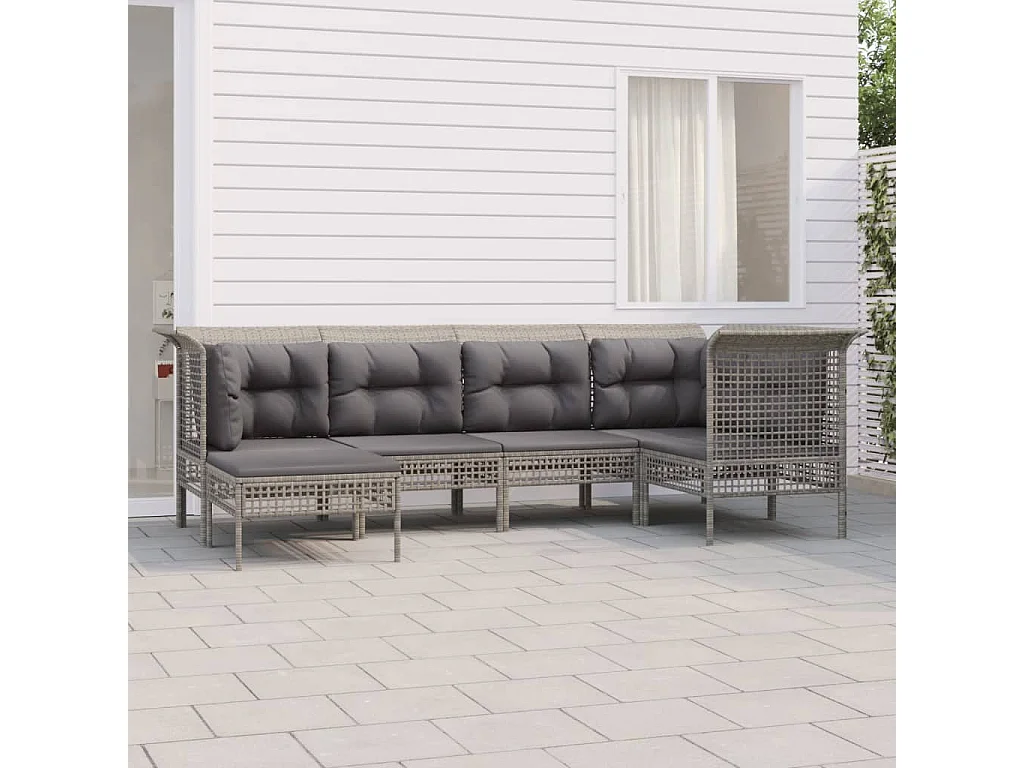 6-tlg. Garten-Sitzgruppe: Sofa + Tisch | Garten-Lounge-Set mit Kissen Grau Poly Rattan -GKD233440