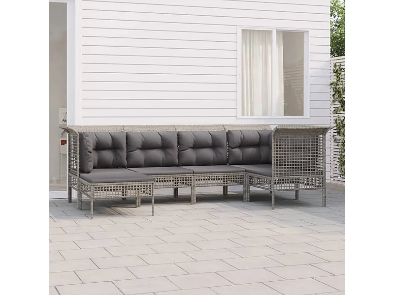 6-tlg. Garten-Sitzgruppe: Sofa + Tisch | Garten-Lounge-Set mit Kissen Grau Poly Rattan -GKD233440