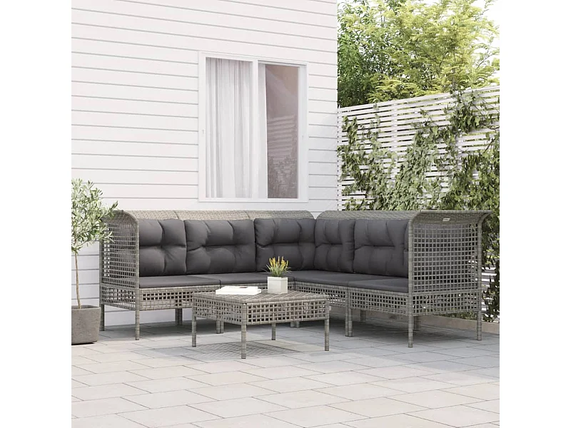 6-tlg. Garten-Sitzgruppe: Sofa + Tisch | Garten-Lounge-Set mit Kissen Grau Poly Rattan -GKD907271