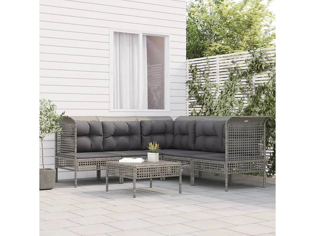 6-tlg. Garten-Sitzgruppe: Sofa + Tisch | Garten-Lounge-Set mit Kissen Grau Poly Rattan -GKD907271