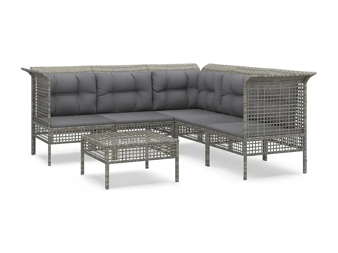 6-tlg. Garten-Sitzgruppe: Sofa + Tisch | Garten-Lounge-Set mit Kissen Grau Poly Rattan -GKD907271