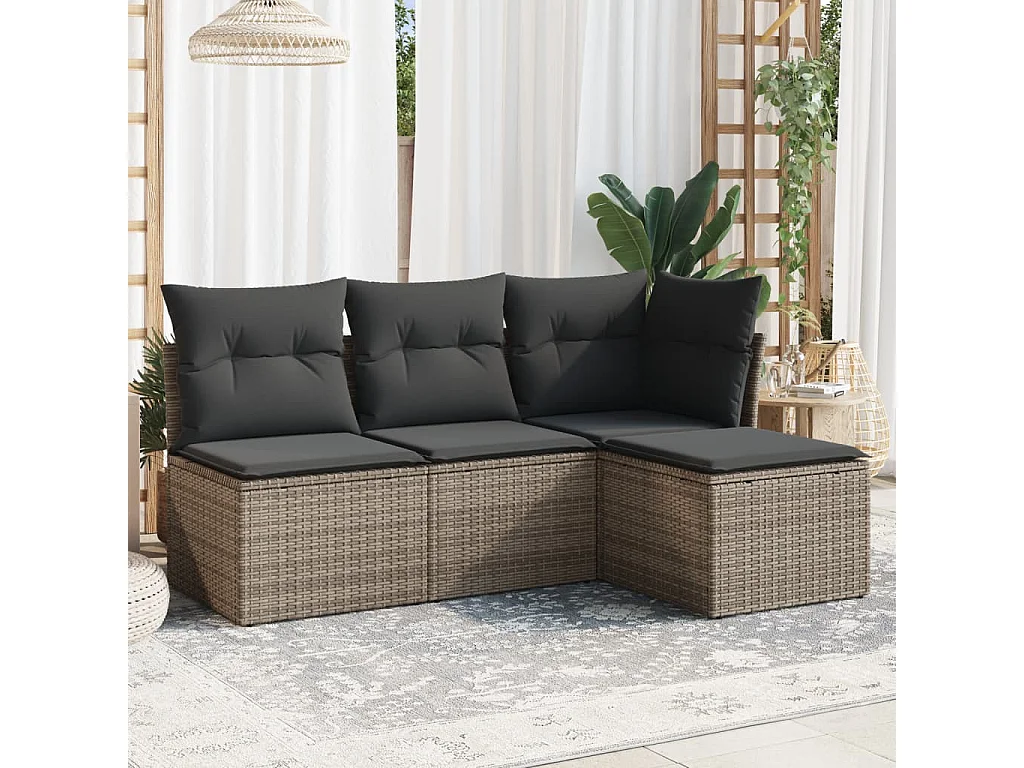 4-tlg. Garten-Sofagarnitur,Gartenmöbel-Set mit Kissen Grau Poly Rattan -gkd417206
