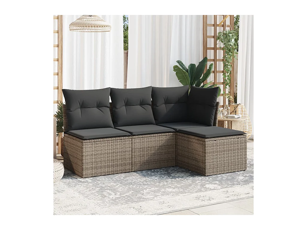 Salon de jardin 4 pcs avec coussins gris résine tressée BE48741