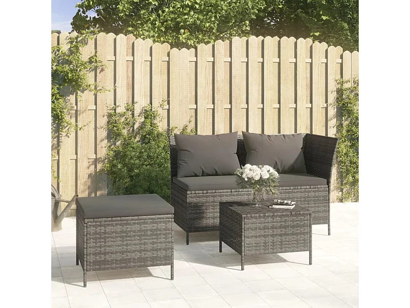 3-tlg. Garten-Sitzgruppe: Sofa + Tisch | Garten-Lounge-Set mit Kissen Grau Poly Rattan -GKD740498