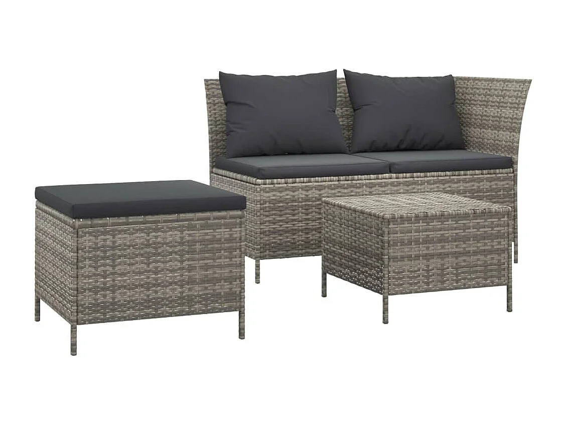 3-tlg. Garten-Sitzgruppe: Sofa + Tisch | Garten-Lounge-Set mit Kissen Grau Poly Rattan -GKD740498