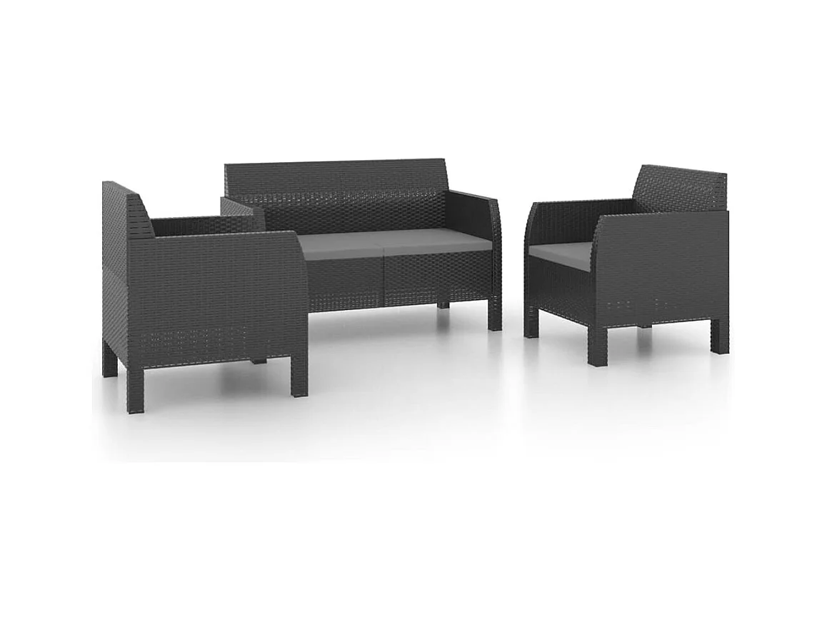 3-tlg. Garten-Sitzgruppe | Garten-Lounge-Set mit Kissen PP Rattan Anthrazit -GKD299605