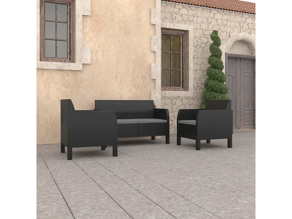 Salon de jardin 3 pcs avec coussins PP Rotin Anthracite BE11922