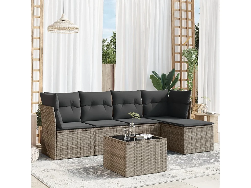 6-tlg. Garten-Sofagarnitur,Gartenmöbel-Set mit Kissen Grau Poly Rattan -gkd484726