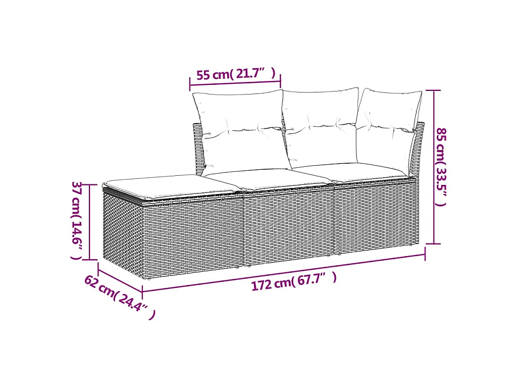 3 pcs conjunto sofás de jardim com almofadões vime PE preto PT971447