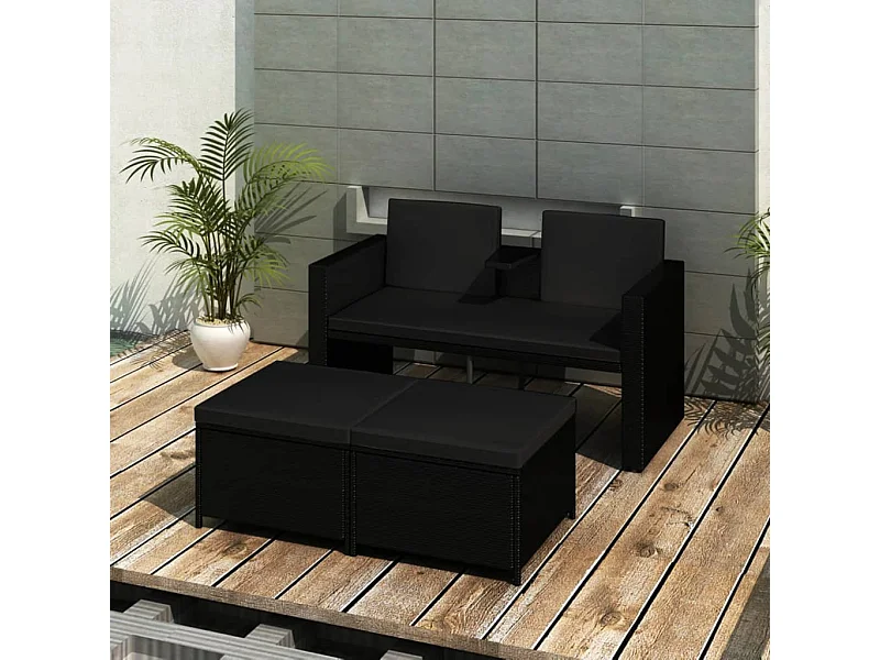 3 pcs conjunto lounge para jardim c/ almofadões vime PE preto PT44621
