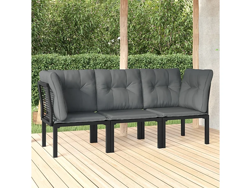3-tlg. Garten-Sitzgruppe: Sofa + Tisch | Garten-Lounge-Set Schwarz und Grau Poly Rattan -GKD933636