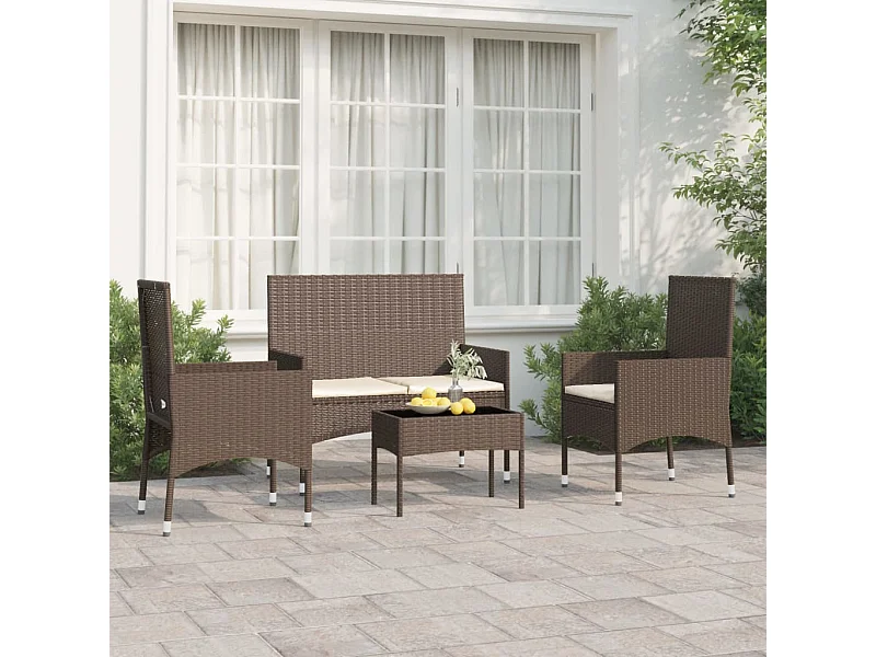 4-tlg. Garten-Sitzgruppe: Sofa + Tisch | Garten-Lounge-Set mit Kissen Braun Poly Rattan -GKD640912